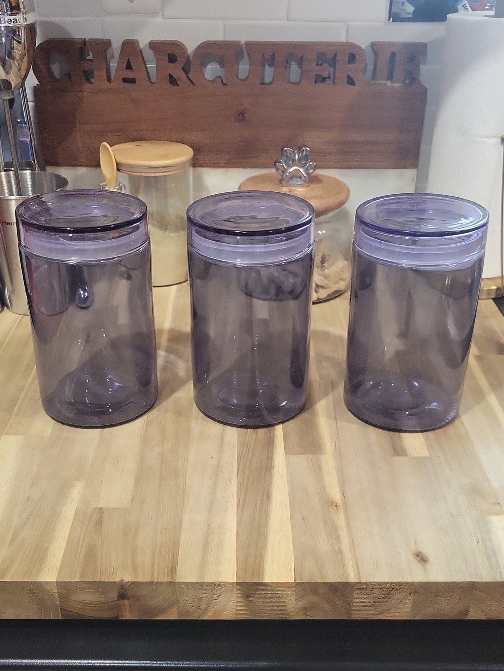 💜 NEW! Set of 3 Purple Glass Kitchen Storage Canisters With Sealed Lids.